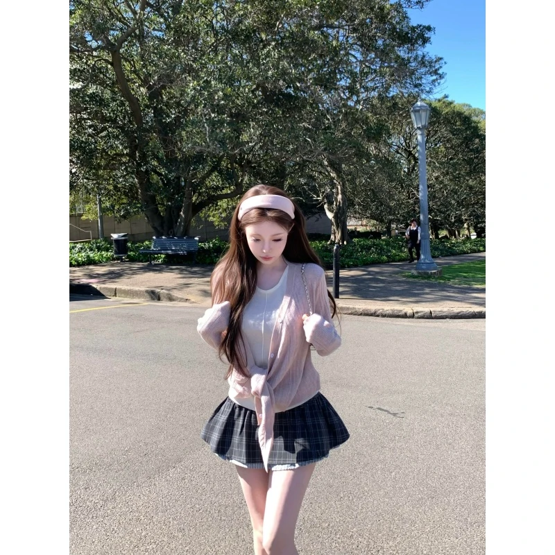 纯欲设计感气质假两件撞色针织开衫高腰休闲百搭格子短裙两件套潮