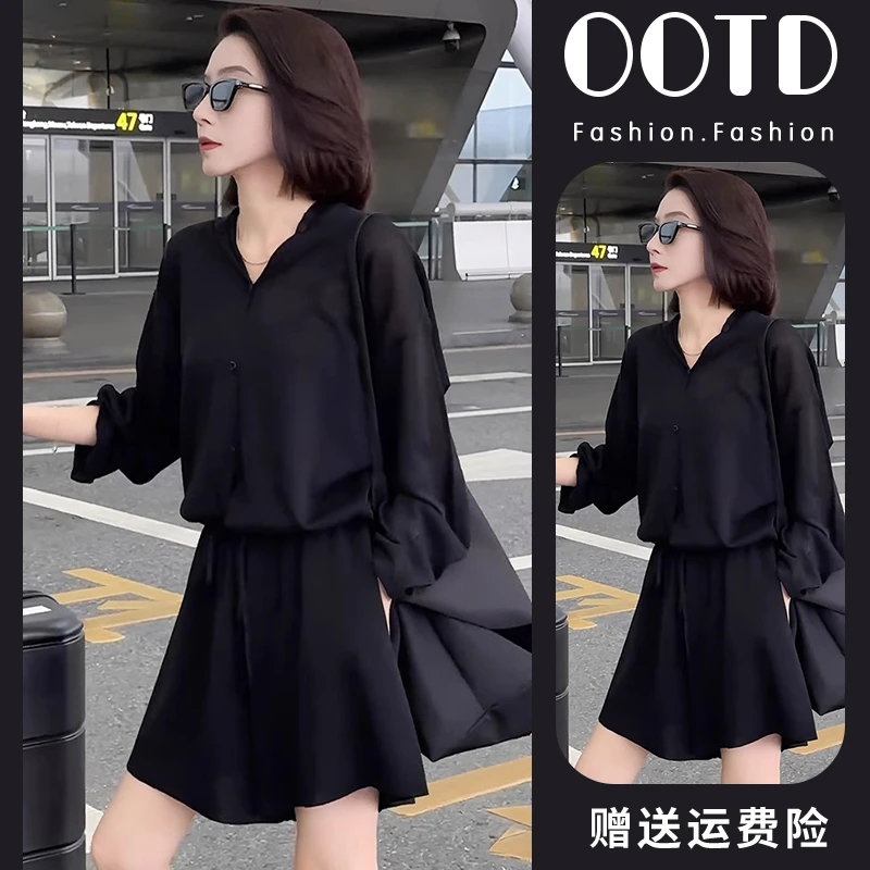 2025新款夏装搭配一整套连帽防晒衬衫气质黑色短裙休闲减龄套装女