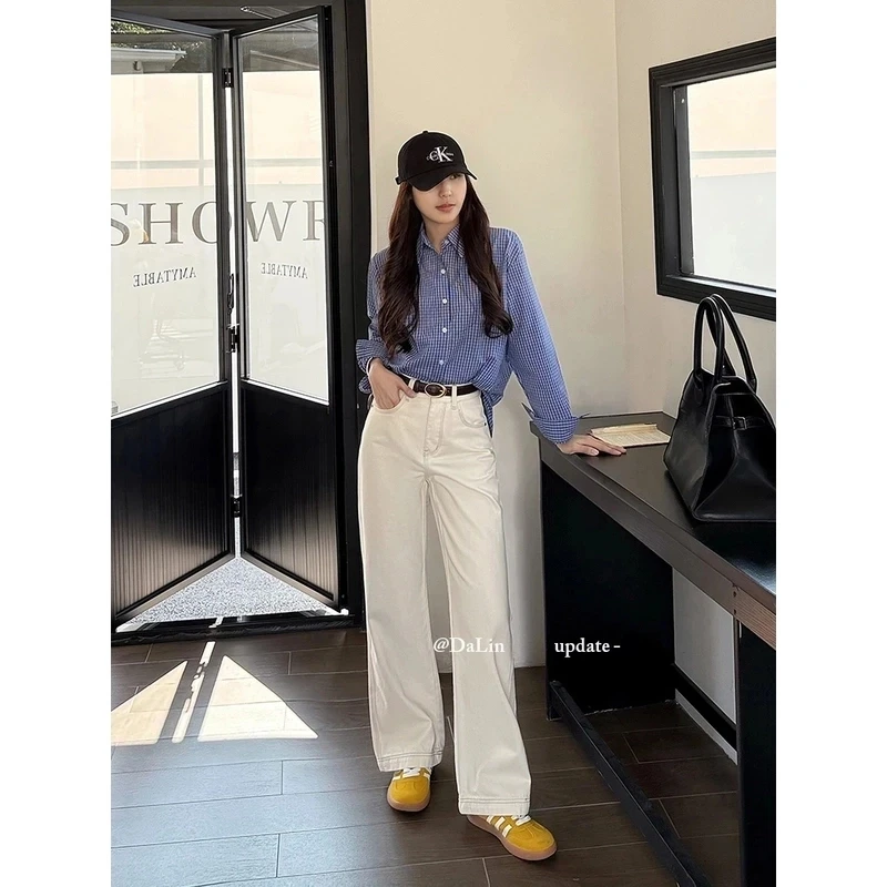 2025夏季薄款米杏色牛仔裤女高腰宽松显瘦时尚窄版直筒阔腿裤子潮