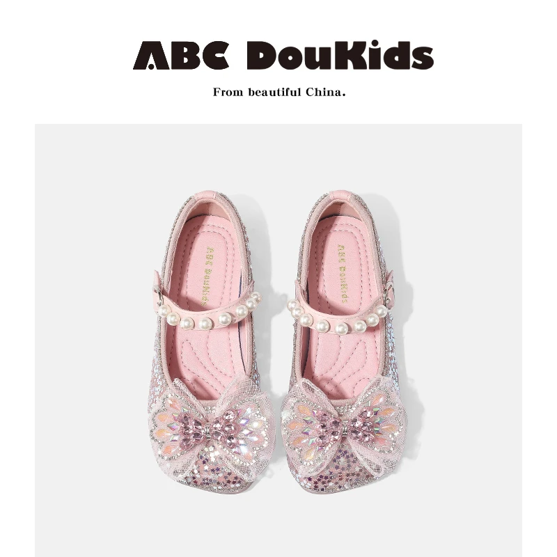 ABC Doukids女童水晶公主鞋2025春季新款水钻珍珠皮鞋儿童单鞋