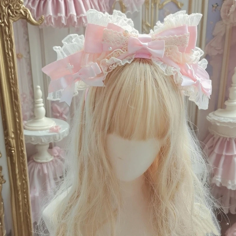 LINGRIVER/玲睿儿Lolita发饰粉色昭和手作大蝴蝶结发箍袖发带小物