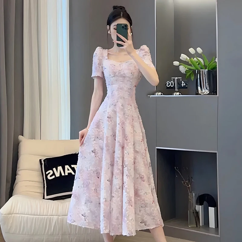 XH【棠棠】【有里布】粉色碎花显瘦气质复古法式方领连衣裙女D1625