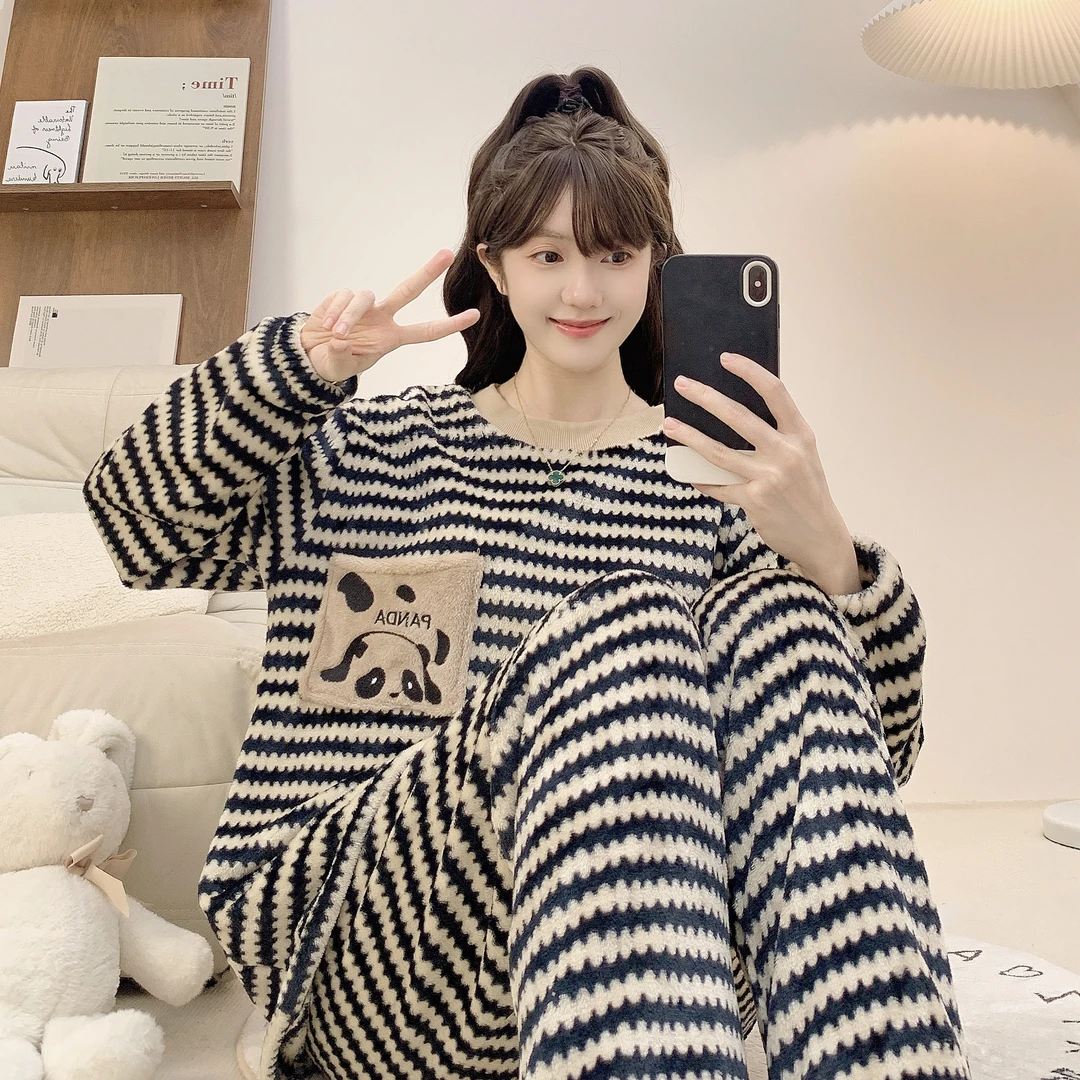 法兰绒少女甜美风可爱睡衣女冬季长袖长裤大码套装保暖厚款家居服