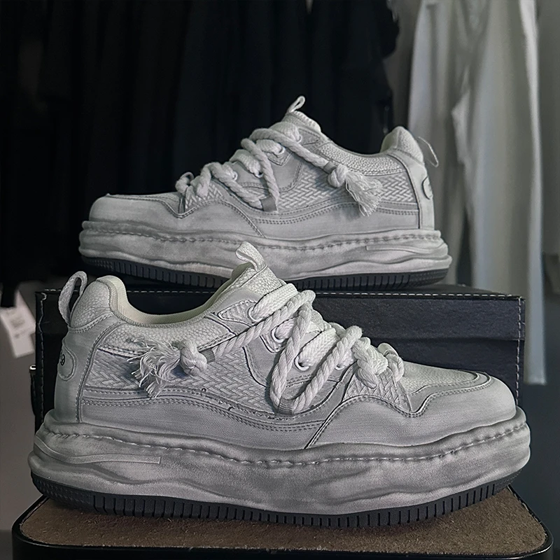 增高5cm【明星同款】S123聪明陈设计师擦色增高鞋做旧脏脏小白鞋