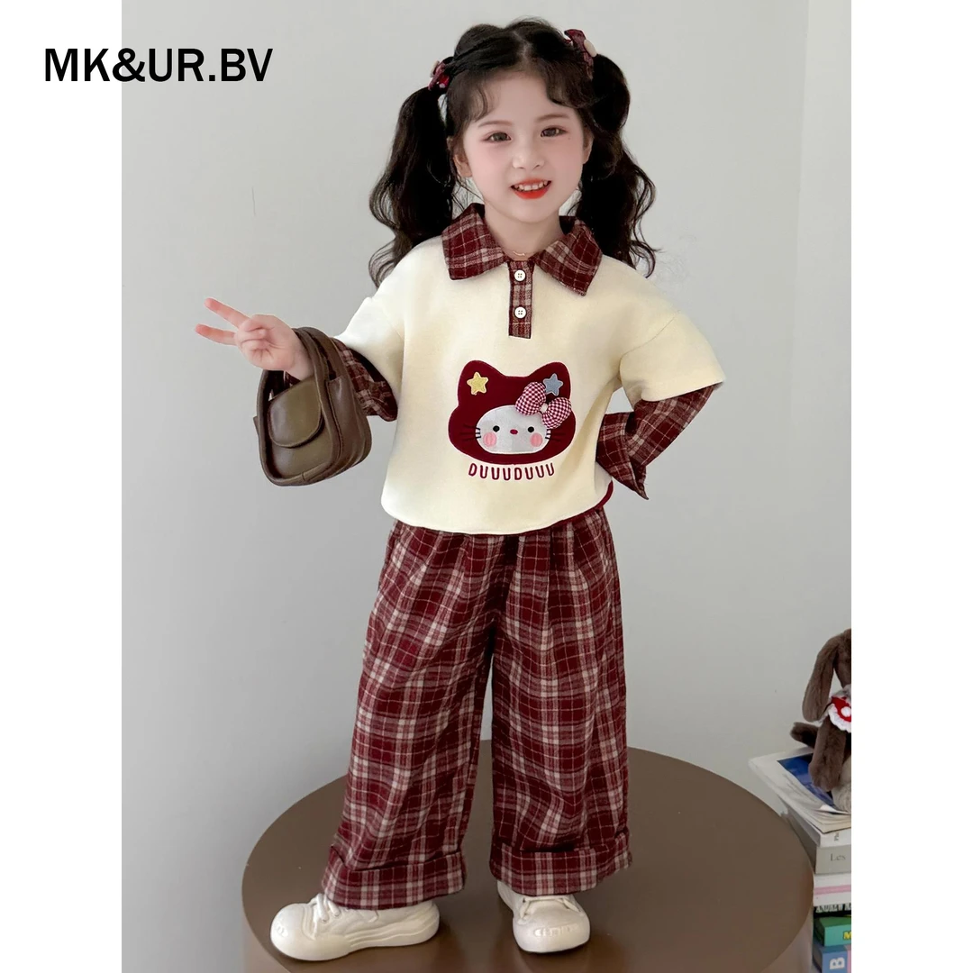 MK&UR.BV女小童韩版格子套装秋款女宝时髦卫衣洋气两件套儿童服饰