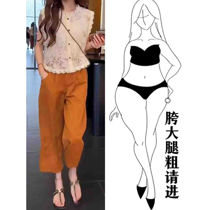 大码花苞松紧高腰直筒休闲裤女夏季新款微胖小个子显瘦遮胯九分裤