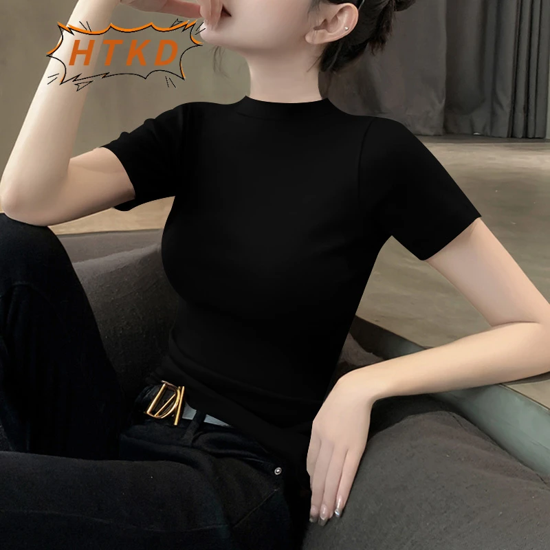 HTKD夏季暗灰色小高领针织螺纹打底内搭短袖T恤女显瘦洋气2025上