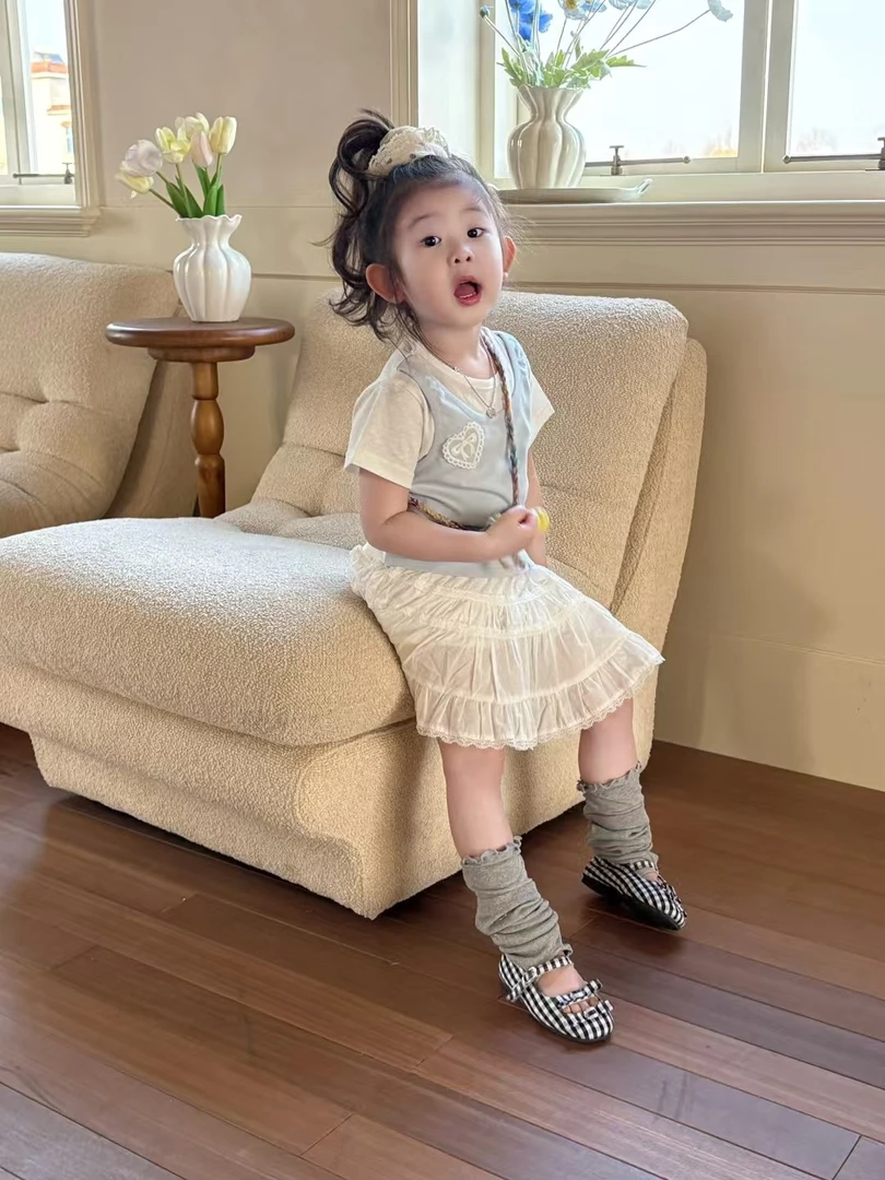 {花卷卷}2025夏季女童爱心蓝色假两件短袖+白蕾丝蛋糕短裙两件套