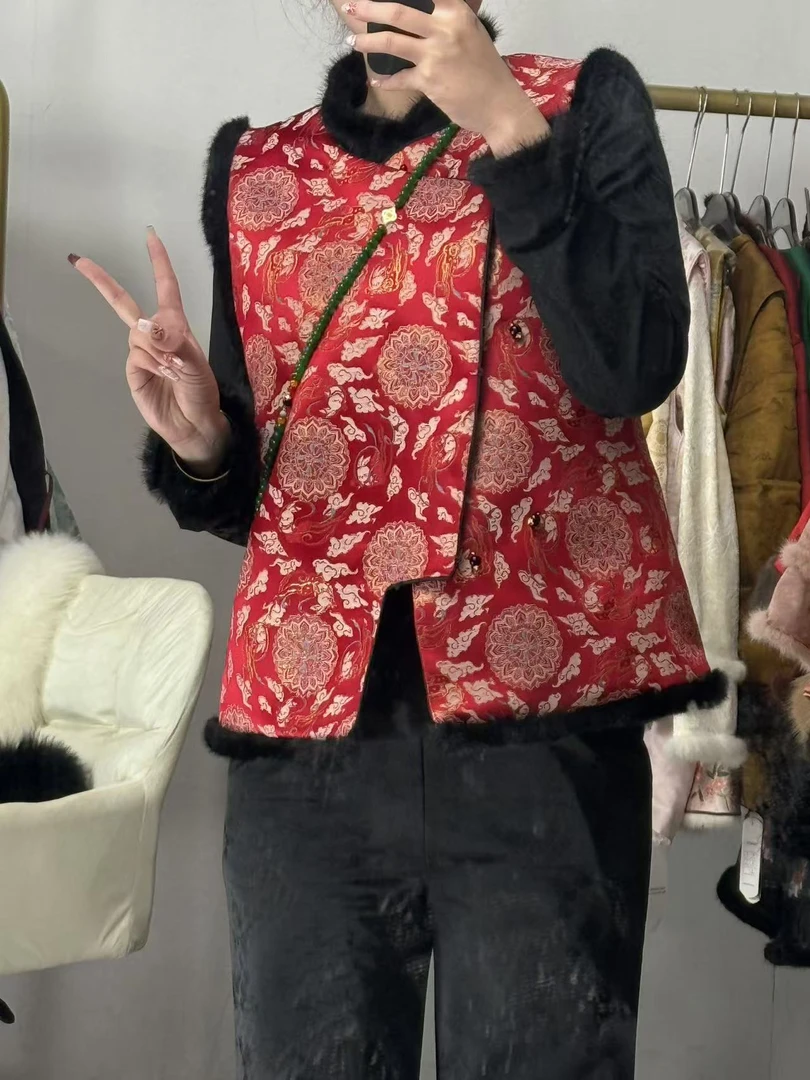 人丝宋锦！红色飞天兔夹棉马甲精致贵气