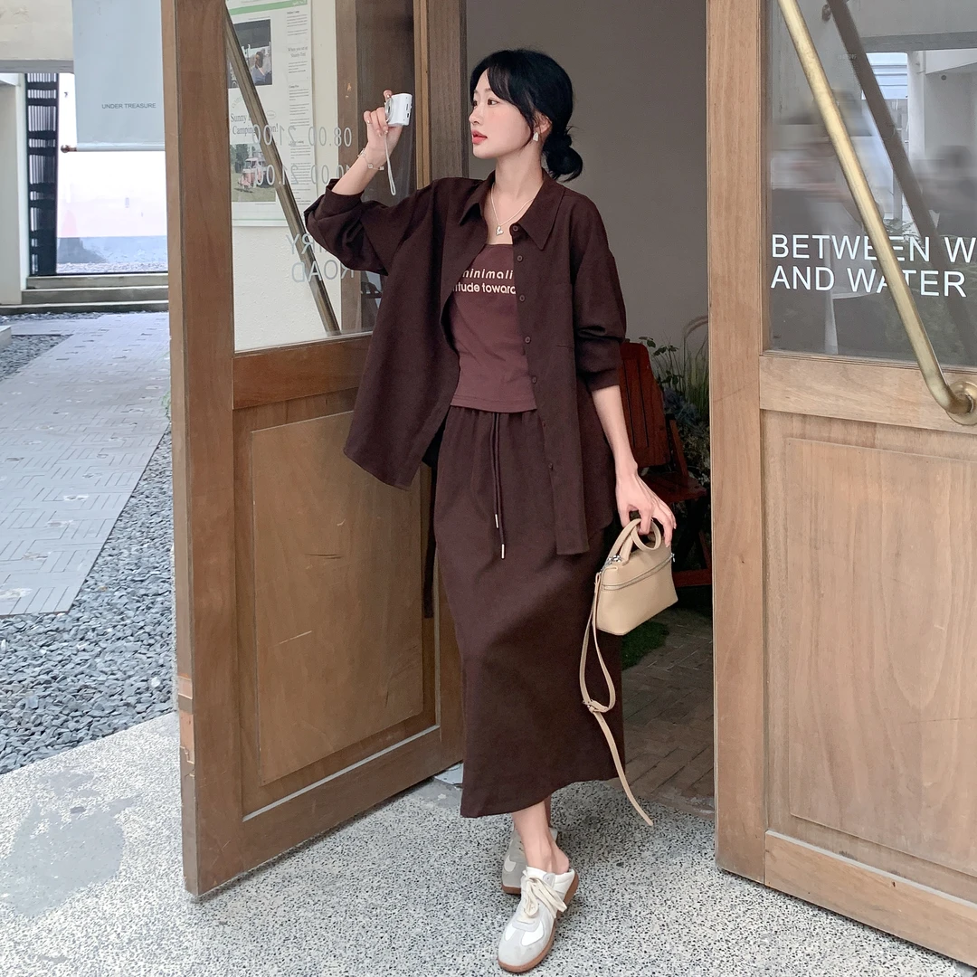 休闲时尚衬衫套装裙女2025年春秋新款松弛感宽松百搭半身裙三件套