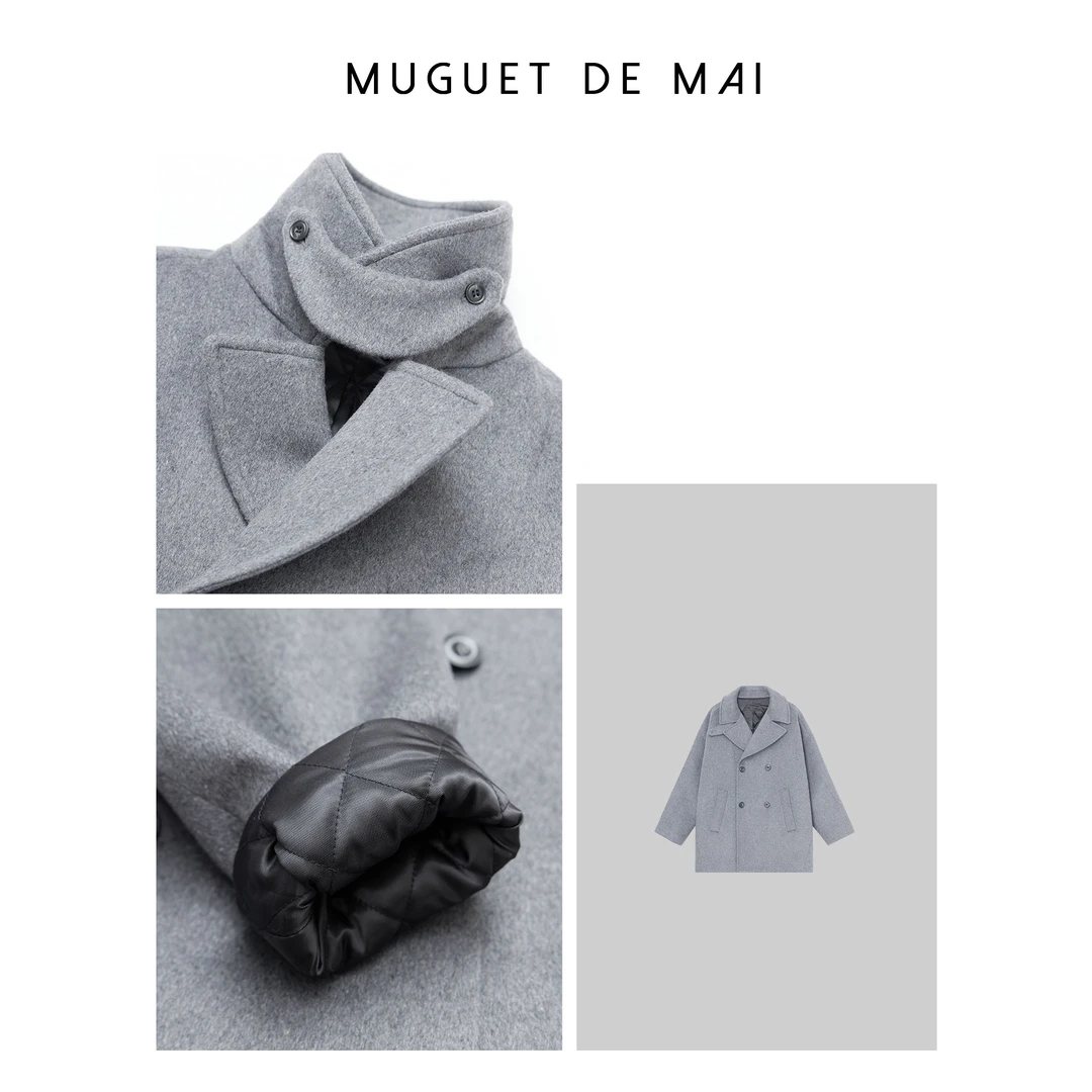 【MGDM】加厚保暖夹棉羊毛混纺大翻领中长款大衣女DDJ24420