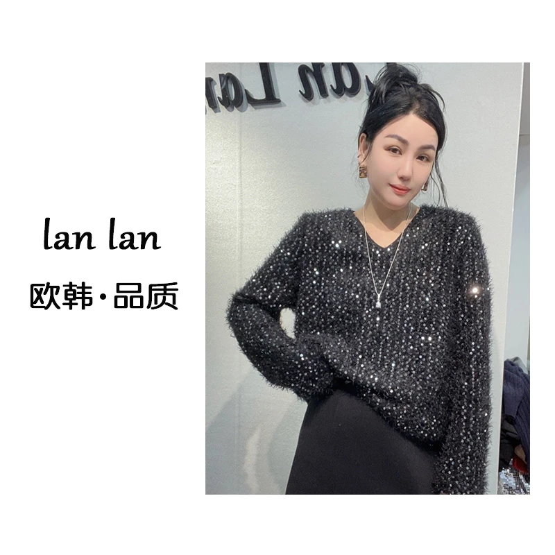 琪琪-冬上新【黑色加绒v领闪闪亮片】高货韩系小众闪闪亮片女高级感