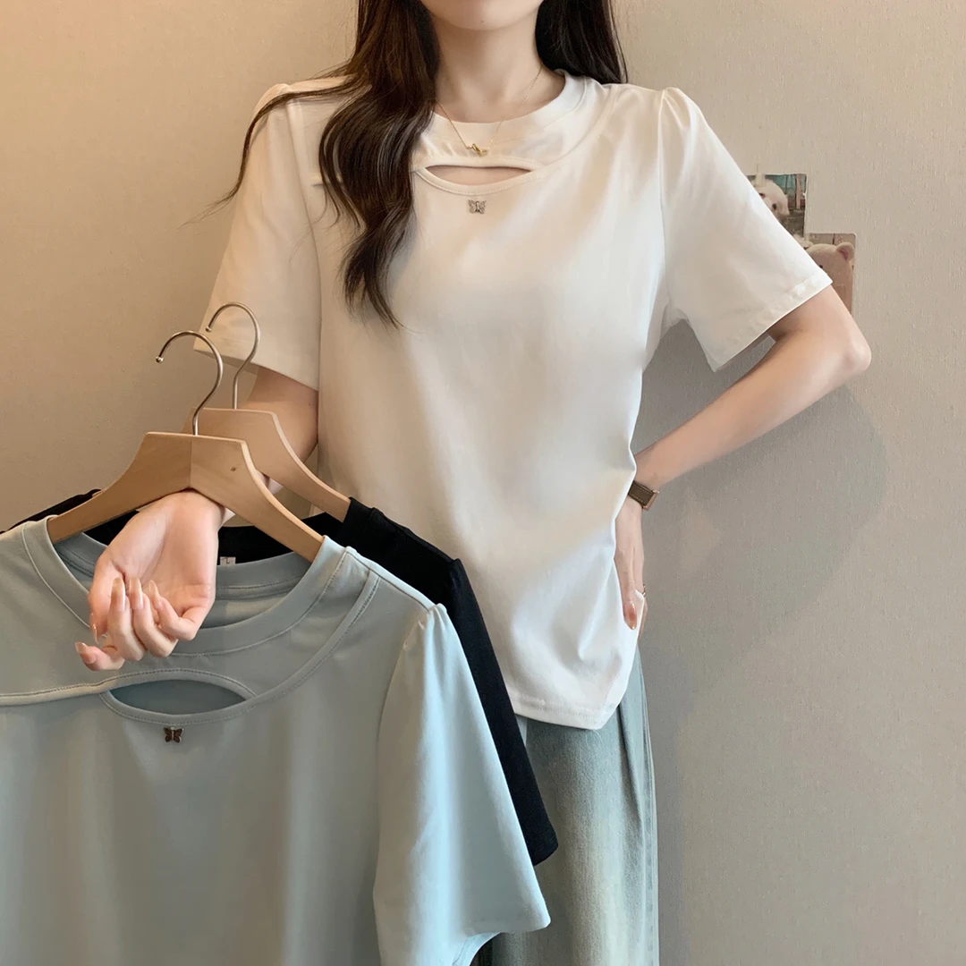 大码美美哒正肩镂空短袖T恤女2025夏季韩版气质修身显瘦上衣64122