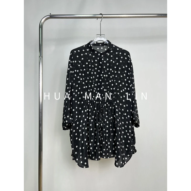 【花滿林】小立领腰部捏褶系带波点双绉真丝桑蚕丝上衣252649