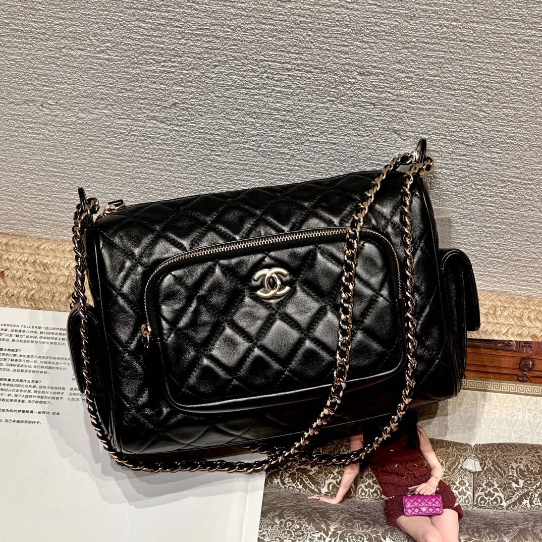 99新 Chanel/香奈儿 24K 黑金皱纹羊皮相机包 大号单肩斜挎包
