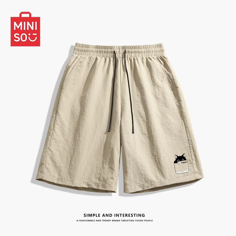 名创优品卡通猫咪短裤男日系简约夏季休闲宽松中裤青少年五分裤潮
