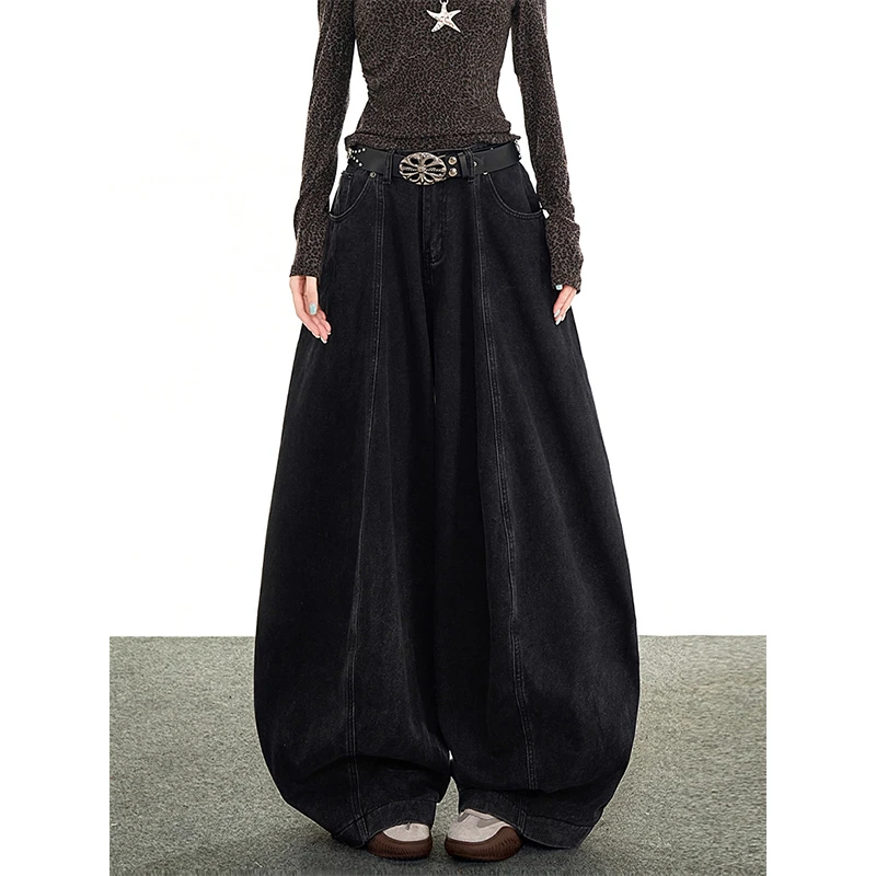 美式黑色廓形弯刀牛仔裤女新款高腰宽松阔腿显瘦百搭直筒拖地裤子