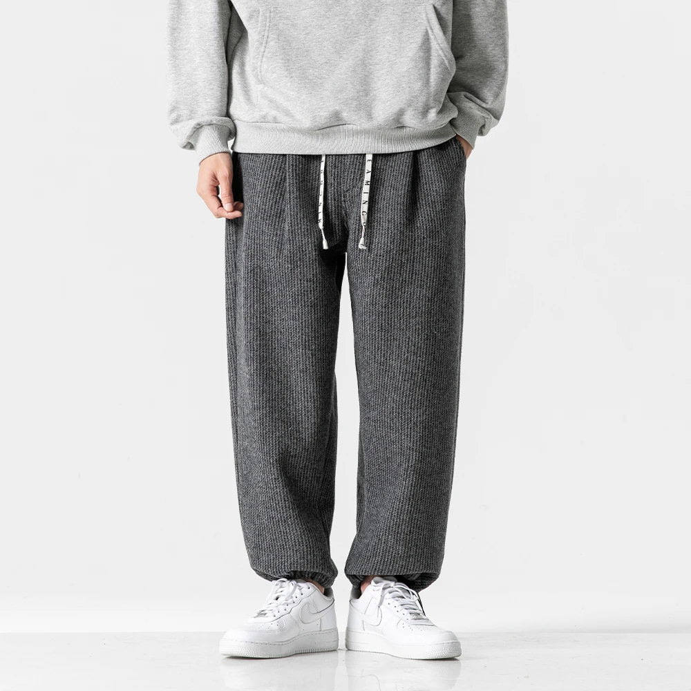 B019日系简约冬季保暖条纹针织加绒裤宽松纯色百搭阔腿休闲长裤