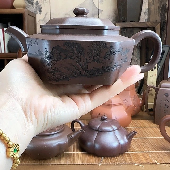 茶壶紫砂锦侯六方老紫泥容量260毫升