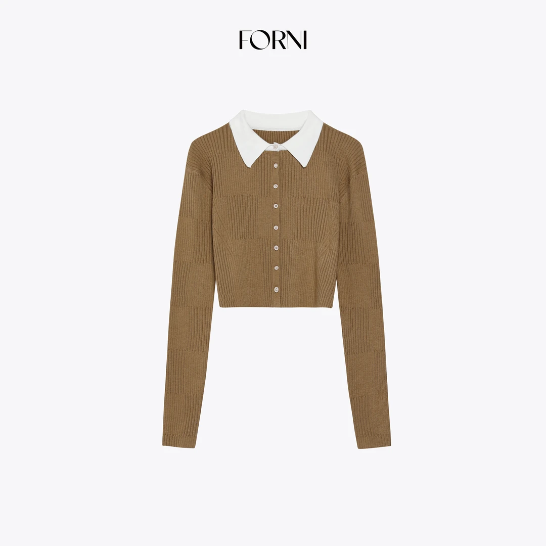 FORNI 生姜撞奶 定纺羊毛粗坑条翻领撞色拼接针织短开衫上衣