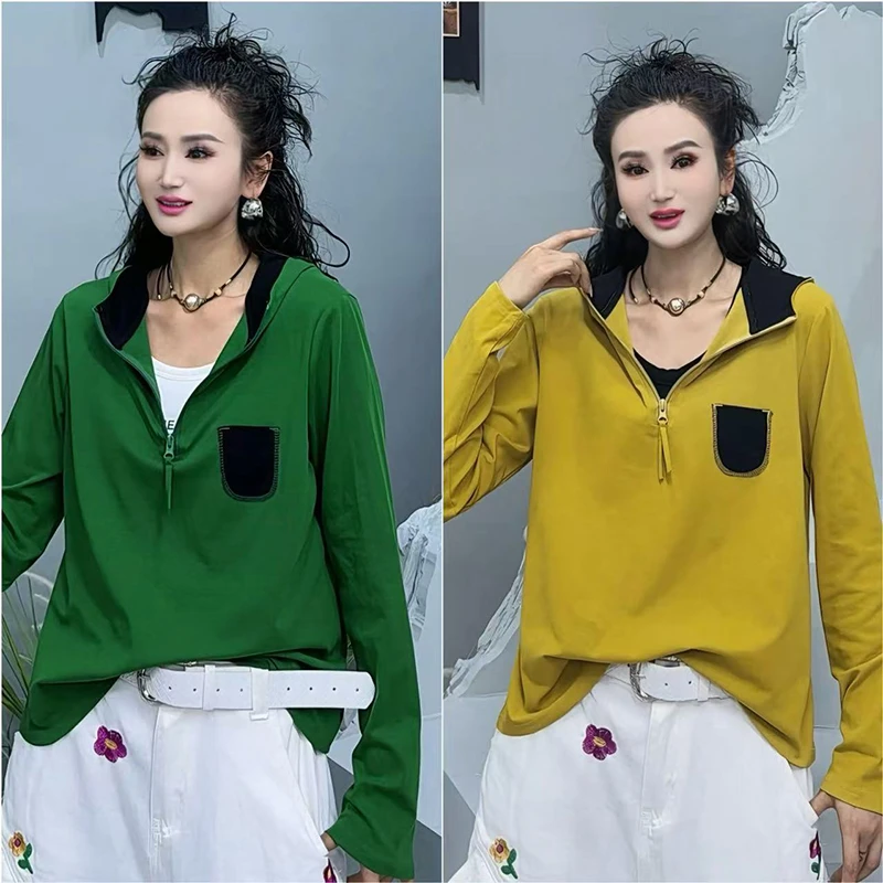 2025春秋欧货时尚纯色帽衫女士百搭休闲内搭长袖连帽卫衣潮-1223