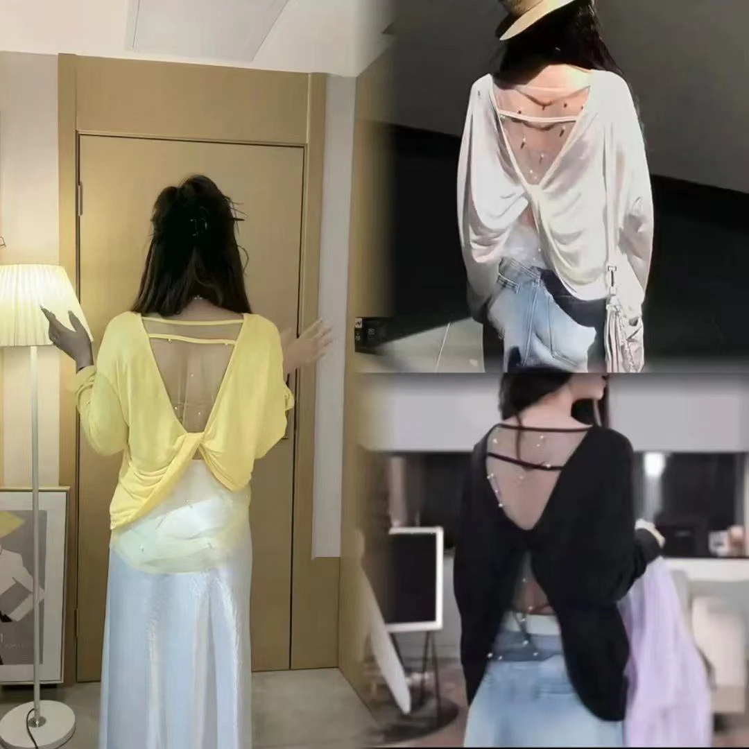 淼淼家露背打结常规防晒常规款长袖T恤套装短款背心时尚百搭薄款
