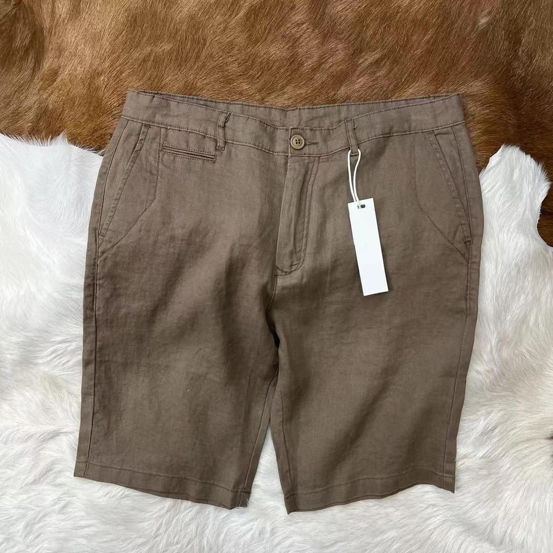 100%亚麻 透气刺绣 薄款宽松直筒休闲五分中短裤男 夏季