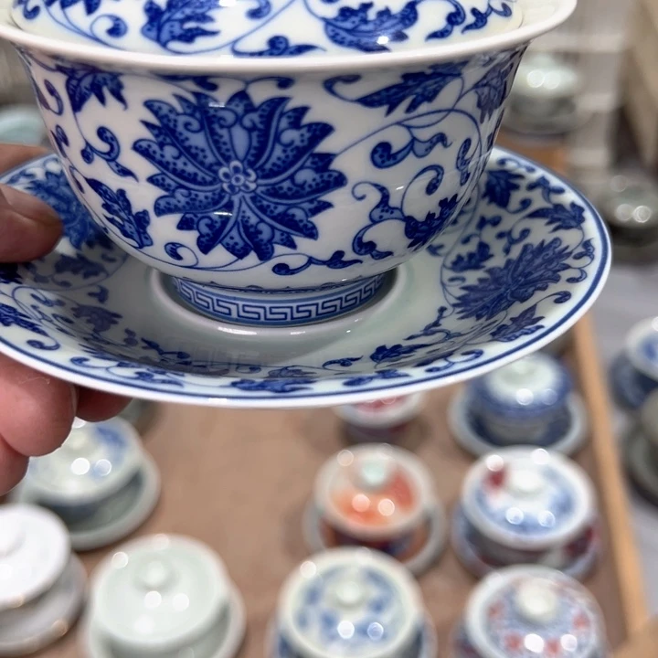 瓷片白青花缠枝莲元宝盖碗全品