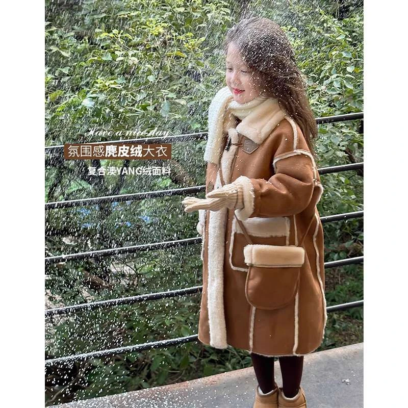 法国女童加绒外套2025新款秋冬款儿童皮毛一体长款大童春季毛呢子