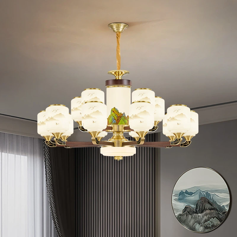 新中式福利款吊灯铜+木家用灯客厅餐厅卧室挑空灯