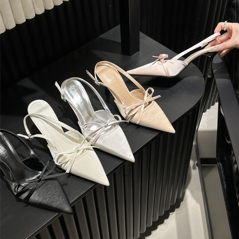 晚风韩版高跟鞋尖头单鞋法式蝴蝶结包头凉鞋仙女鞋春夏高跟凉拖鞋