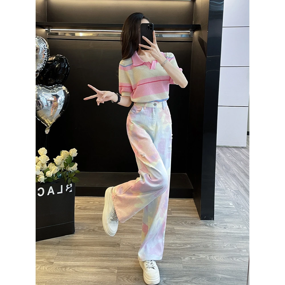 网红洋气炸街女装套装夏季多巴胺条纹针织衫时尚休闲牛仔裤两件套