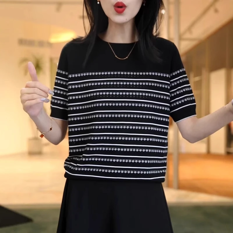 黑白条纹圆领冰丝短袖t恤针织衫女夏季新款宽松减龄时尚显瘦上衣