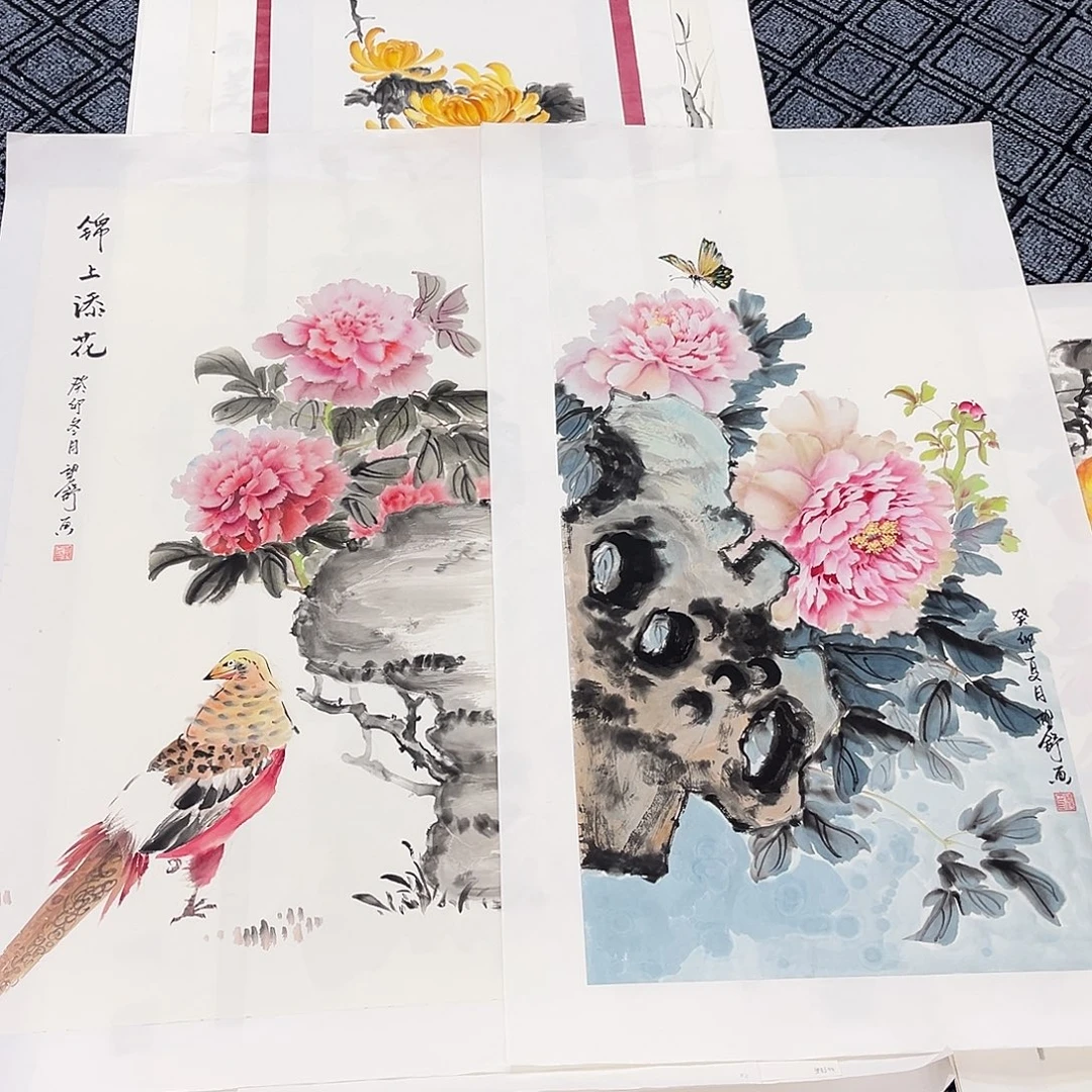 H***欣国画三尺花鸟2张的