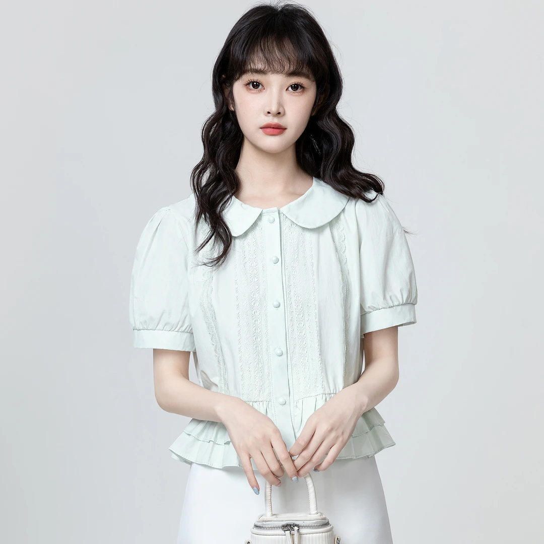 绿色娃娃领泡泡袖衬衫女2025夏季新款荷叶边短袖娃娃衫衬衣短上衣