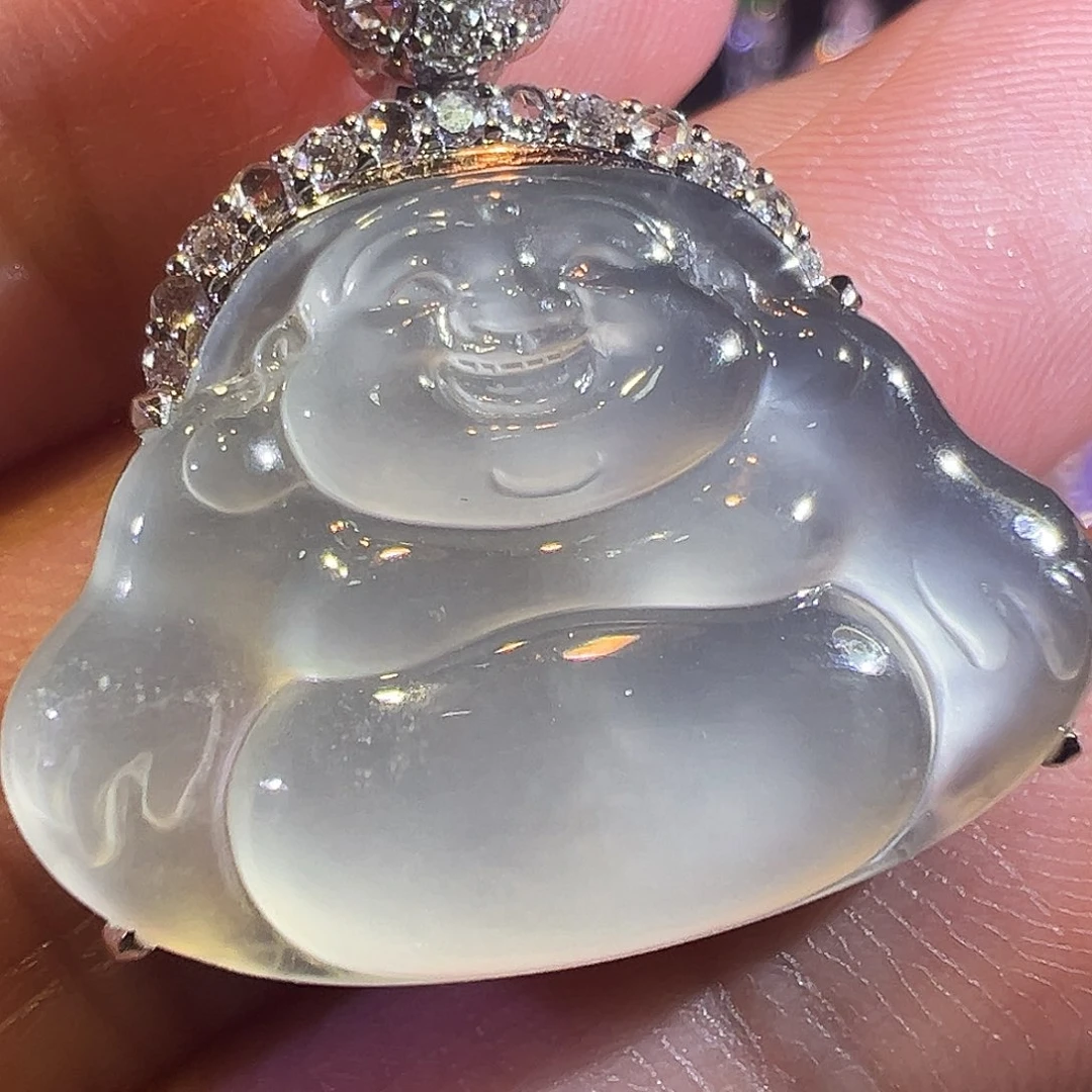 翡翠18K金镶嵌吊坠(赠链)玻璃种黑钢小佛公