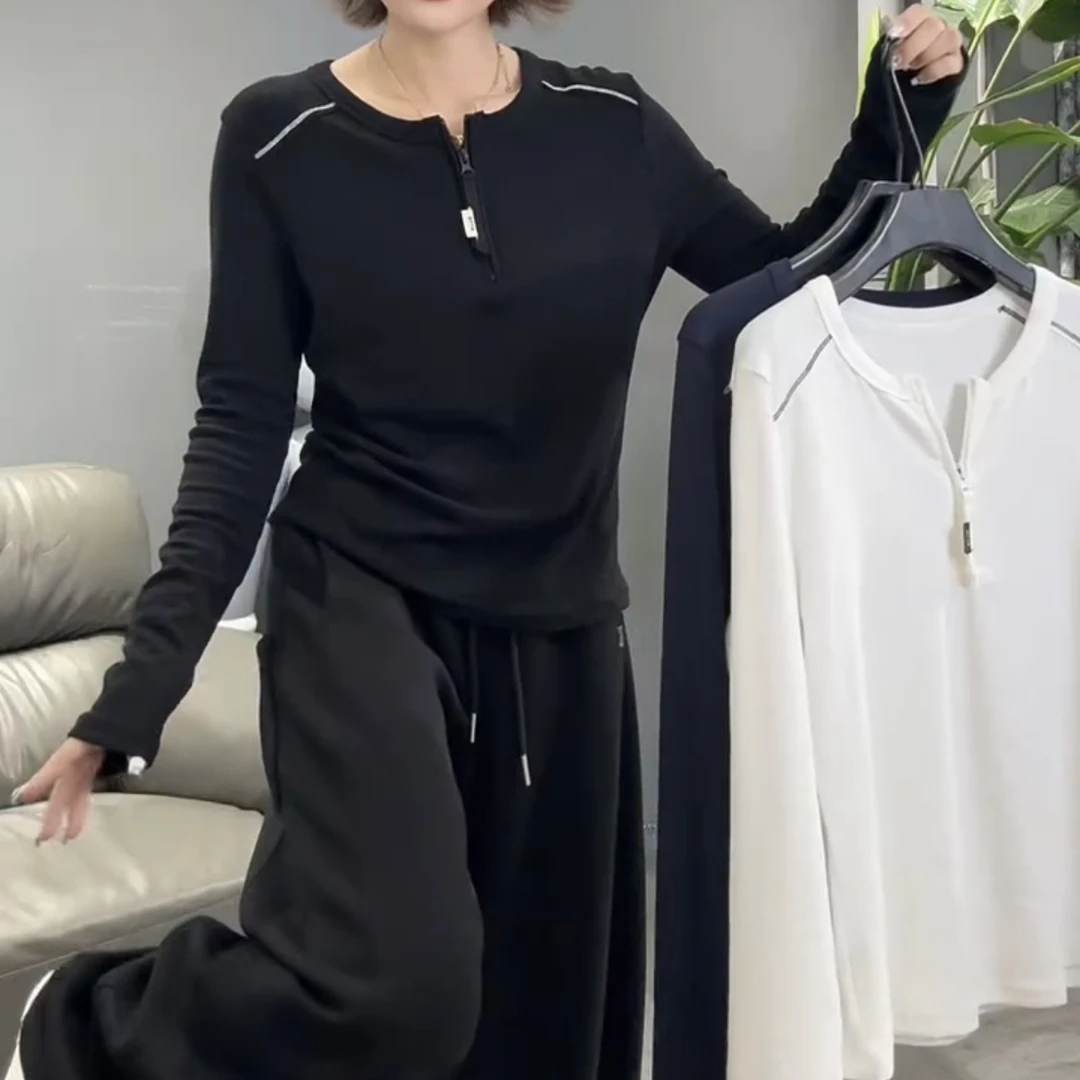 圆领套装拉链半拉链休闲拼接T恤长袖秋季耐磨显瘦