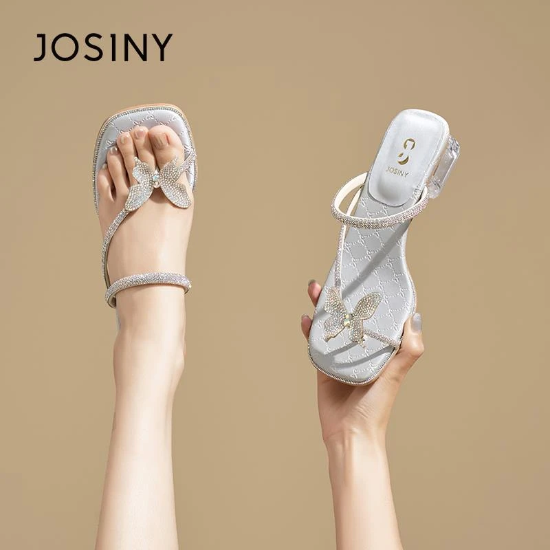 卓诗尼蝴蝶结凉鞋女水晶跟水钻粗跟2025夏季新款两穿透明外穿拖鞋