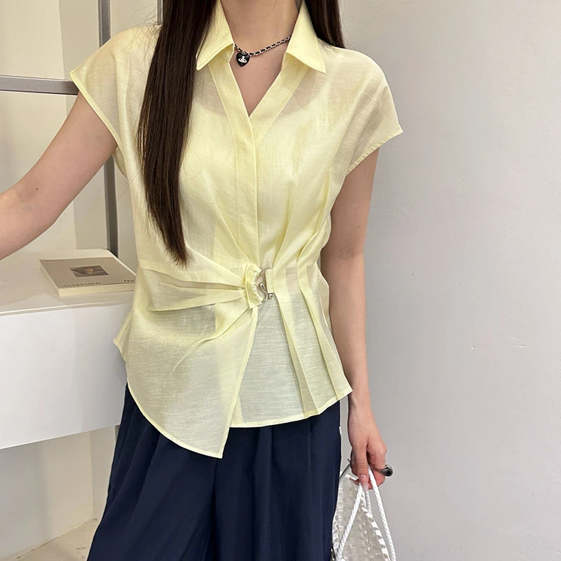 【香嘉怡新品】XJYE66737女士衬衫上衣小翻领夏季短袖百搭宽松