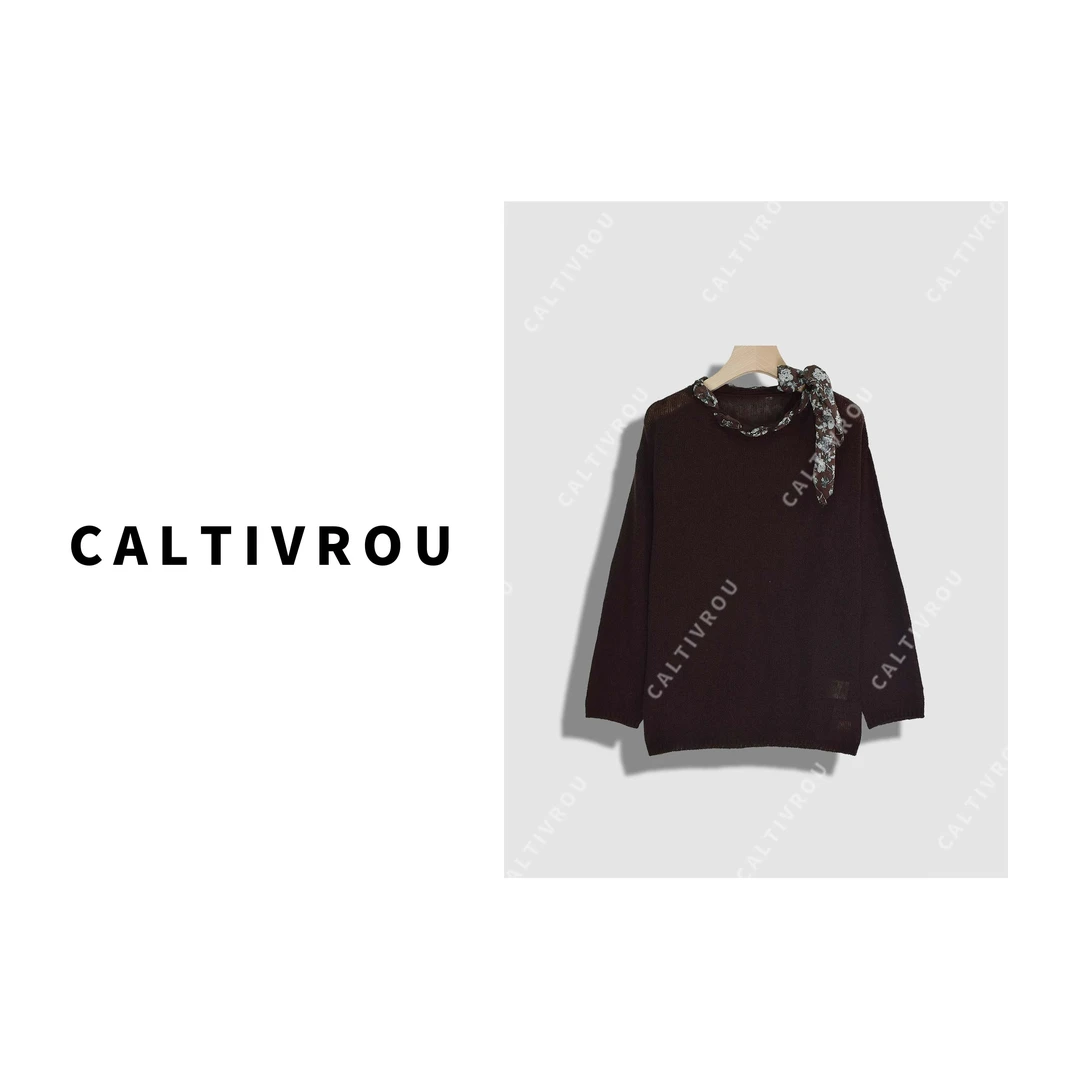 Caltivrou时尚丝巾系带圆领宽松显瘦针织衫-Y18725S