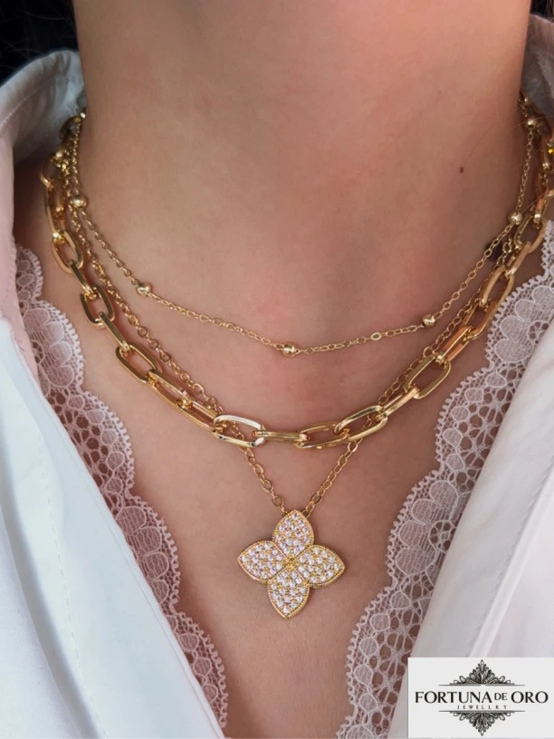 铜项链 6号四叶草三层叠戴ins金色项链小众欧美气质四叶草项链