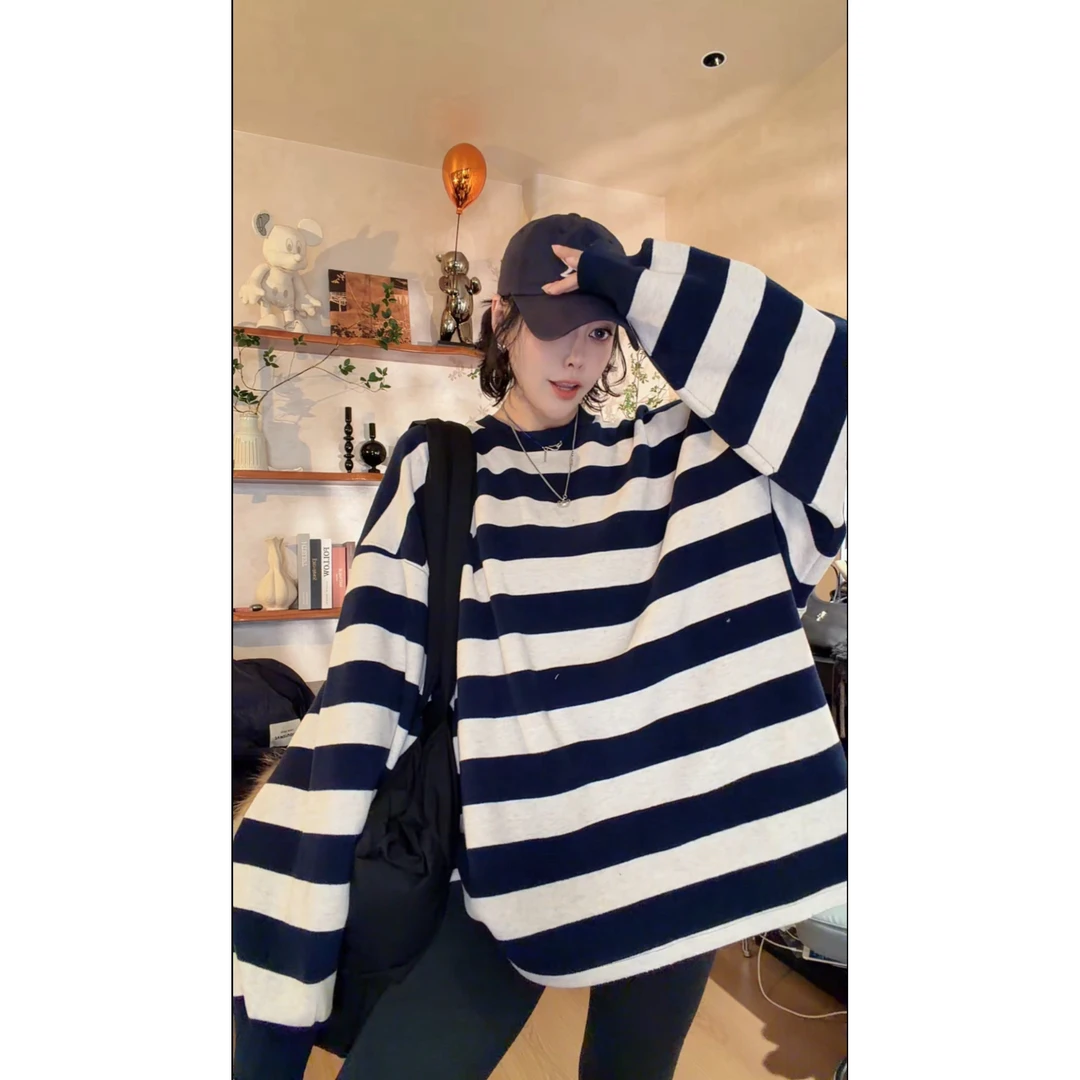 【佳姐专属】50272 - 新款时尚百搭休闲条纹套头卫衣12/13