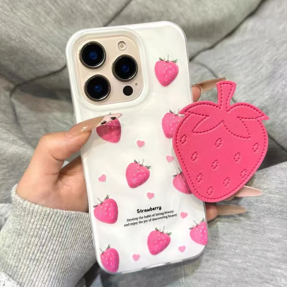 满屏草莓适用苹果16promax手机壳iPhone15pro新款14/13/12/11支架