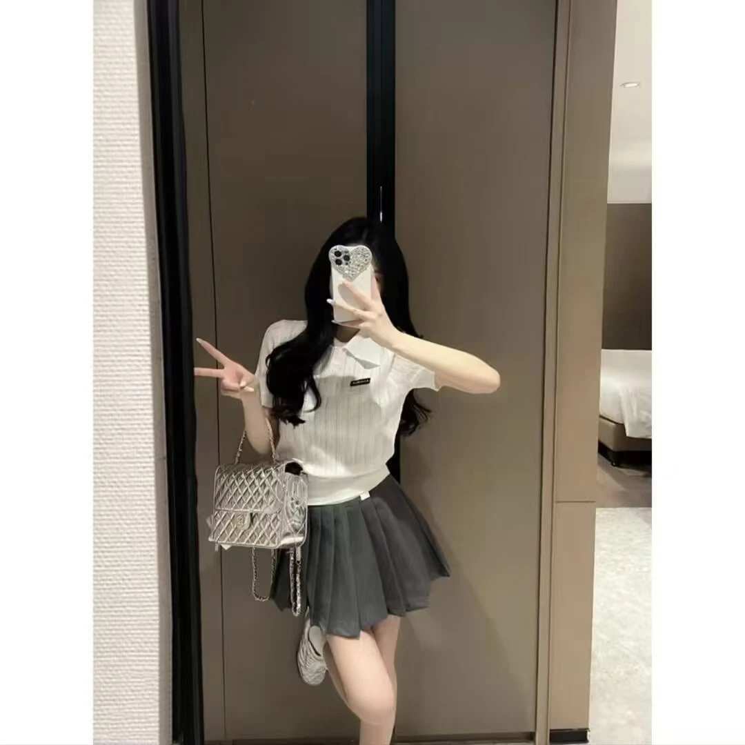 G759短袖翻领学院风夏季毛针织衫纯欲休闲针织时尚