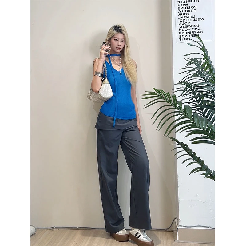 夏季修身显瘦设计感小众穿搭无袖针织上衣休闲简约宽松运动长裤女