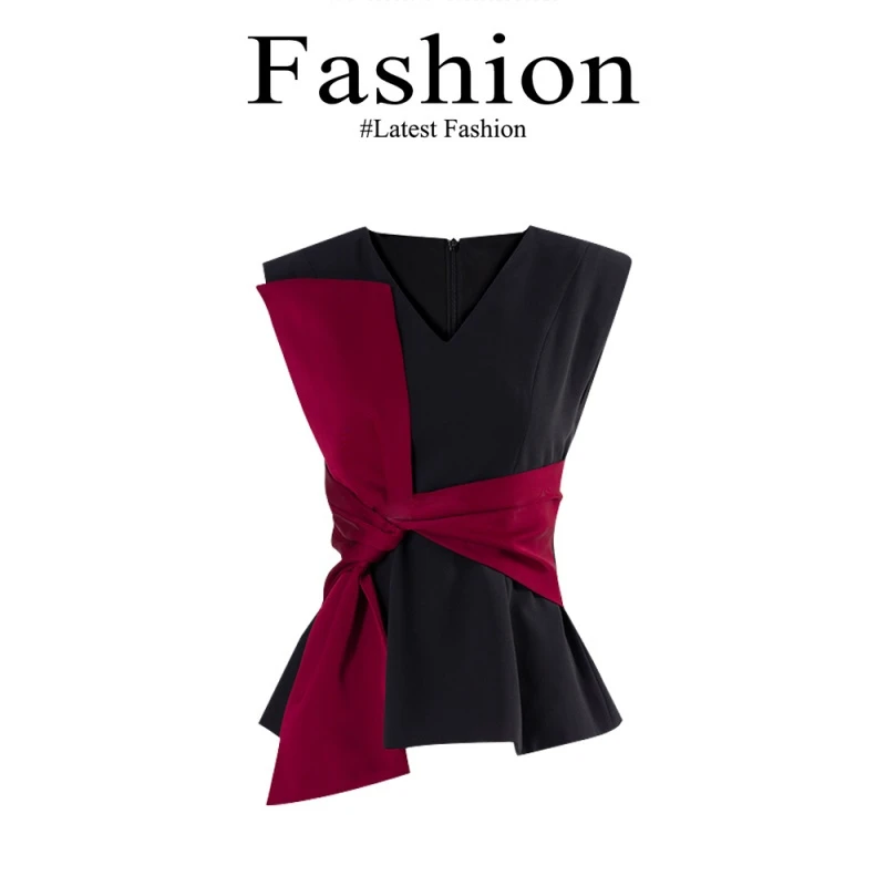 气质时尚法式高端减龄轻奢名媛风撞色蝴蝶结拼接无袖显瘦上衣马甲