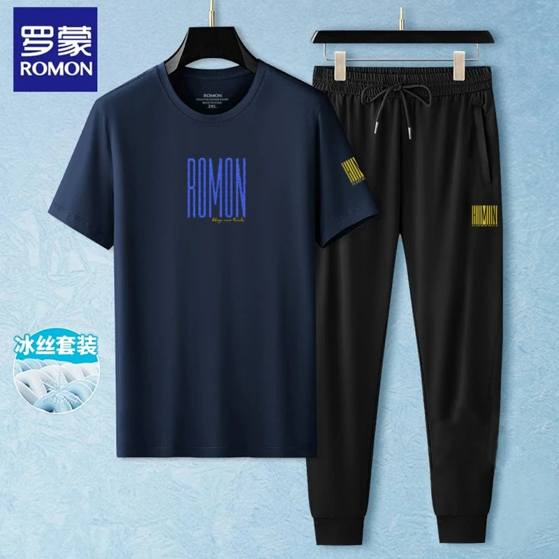 Romon/罗蒙夏季休闲t恤冰丝束脚裤透气时尚印花圆领短袖套装7012