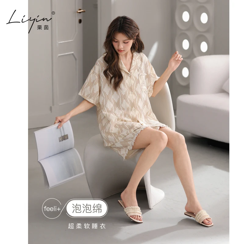 栗茵小众设计师新款泡泡绵女士睡衣夏季短袖可外出家居服套装