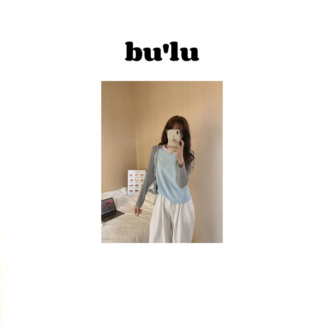 bu'lu“博主种草”~韩单插袖肩袖条纹撞色圆领修身百搭显瘦打底衫女