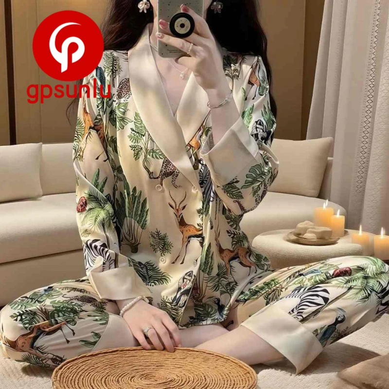 gpsunlu「高级感」春秋夏季高端轻奢薄款冰丝睡衣女长袖妈妈家居服